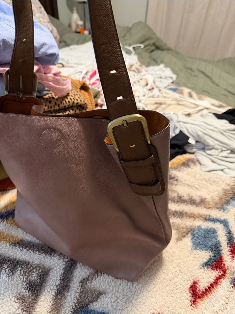 Women's Taupe Shoulder Tote Bag with Brown Straps